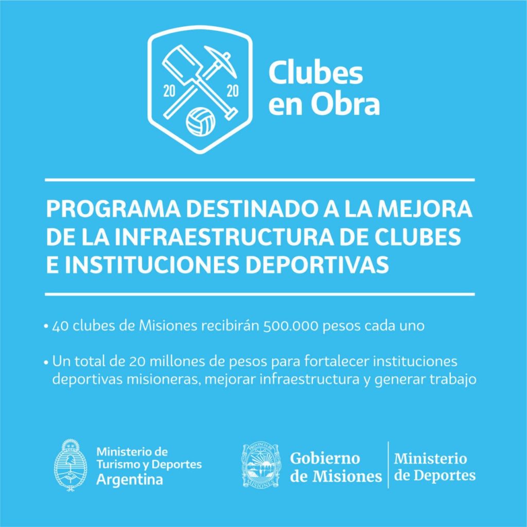 PROGRAMA CLUBES EN OBRA: ENTIDADES DEPORTIVAS DE MISIONES  RECIBIRÁN FONDOS PARA MEJORAS DE INFRAESTRUCTURA