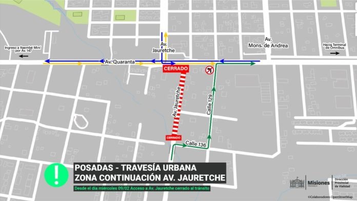 Travesía Urbana de Posadas: corte por obras en  colectora derecha (SUR) de la Quaranta y Jauretche